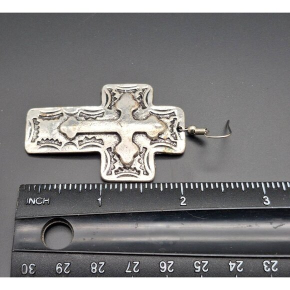 Silver Tone 2.25" Large Dangle Cross Earrings Western Southwest Western Pierced - Picture 5 of 5